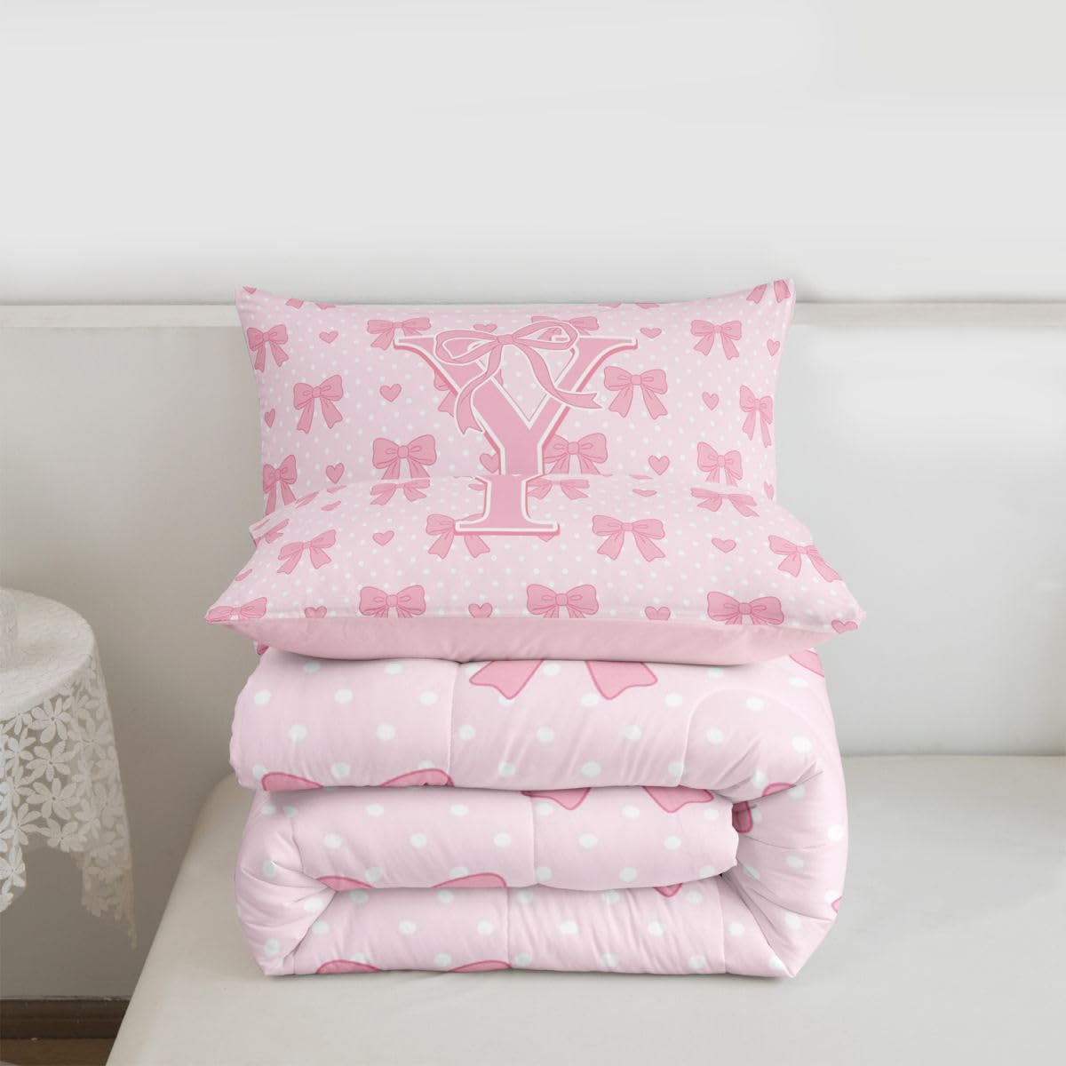 Loussiesd Urocza różowa kokarda zestaw kołdry podwójny rozmiar monogram zestaw pościeli spersonalizowany inicjał Y kołdra kawaii kokarda węzeł sypialnia dekoracja marzycielski styl