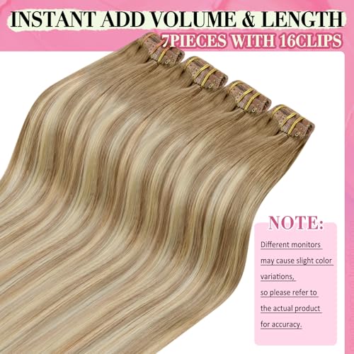 Image of YoungSee Clip in Human Hair Extensions Blonde Balayage Human Hair Clip in Extensions Golden Brown Mix Platinum Blonde Clips in Hair Extensions Real Human Hair for Woman 18inch 120g