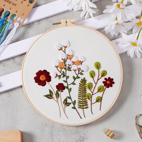 Image of Allazone Flower Embroidery Kit for Beginners, 4 Pack Cross Stitch Kits Needlepoint Kits for Adults with Pattern, Embroidery Hoop Cloth Thread