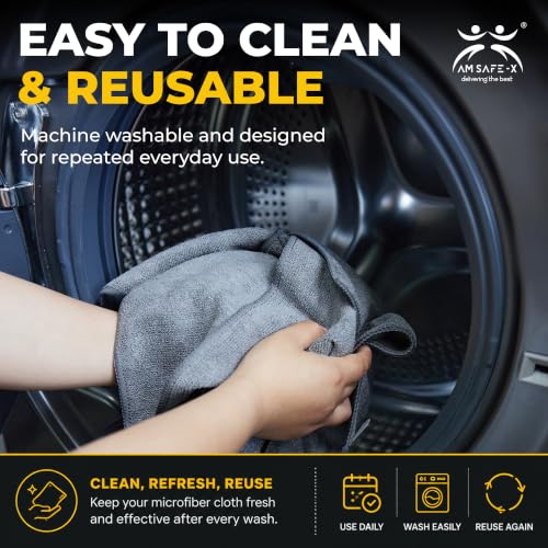 Image of AM Safe-X Premium Microfiber Cleaning Cloth 4Pcs 350 GSM 40x40cm Grey | Ultra Thick Dual-Sided Car Drying Towel | Super Absorbent, Lint-Free & Scratch-Free | Multipurpose Microfiber Cloth