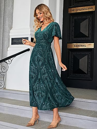 Image of Simplee Women's V Neck Velvet Maxi Dress Short Sleeve Empire Waist Long Formal Dress for Wedding Guest
