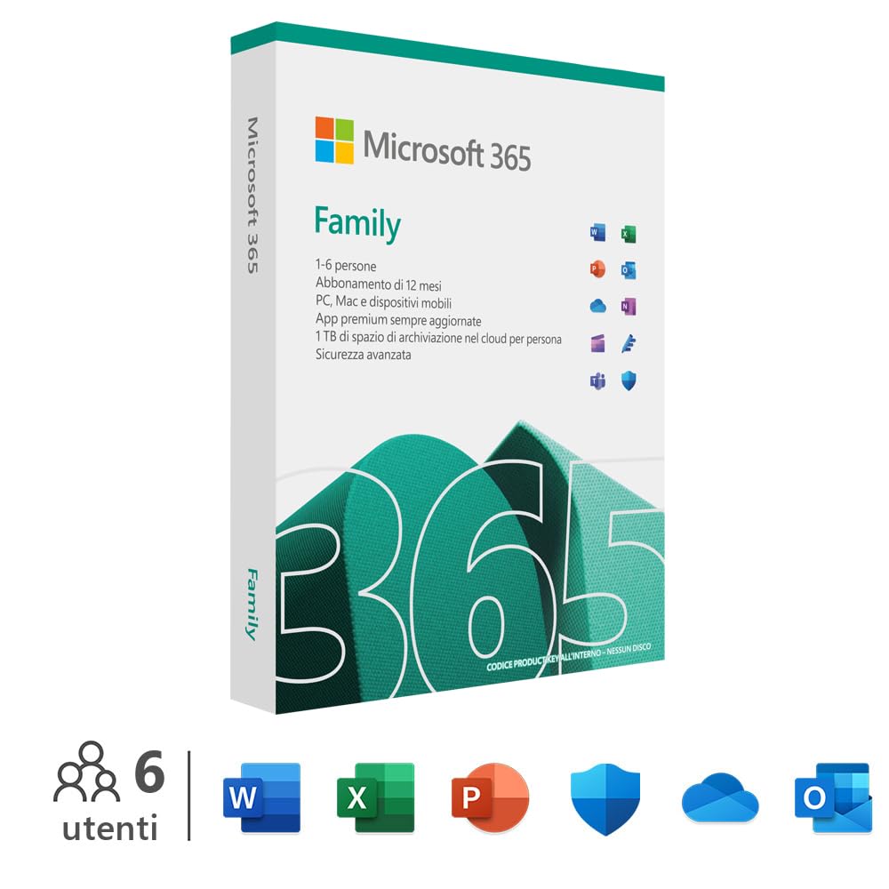 Microsoft 365 Family - Fino a 6 persone - Per PC/​Mac/​tablet/​cellulari - Abbonamento di 12 mesi