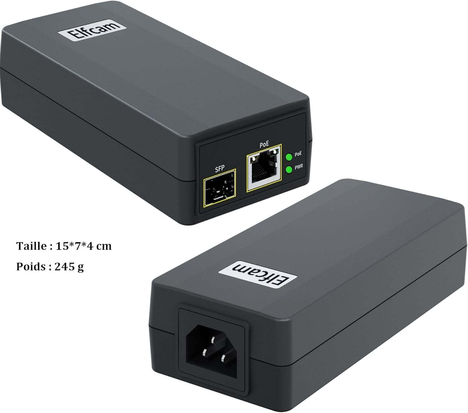 Elfcam - Injecteur PoE 30W avec Port SFP 1,25G & PoE Ethernet 1000M/100M, Fibre Monomode/Multimode, IEEE 802.3af/at, Usage Intérieur