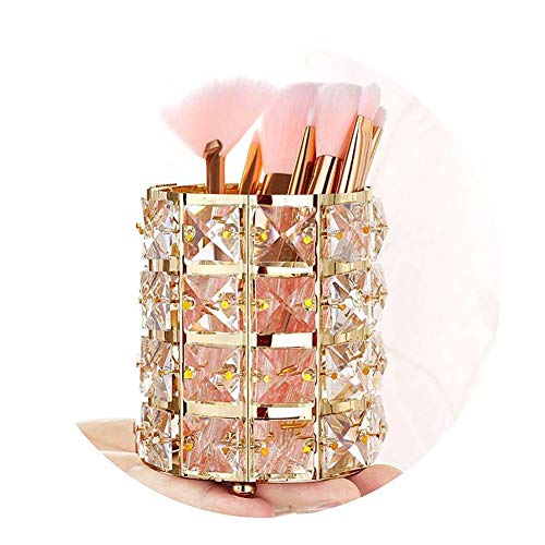 Pahdecor Handcrafted Crystal Makeup Brush Holder Eyebrow Pencil Pen Cup Collection Cosmetic Storage Organizer for Vanity,Bathroom,Bedroom,Office Desk (gold)