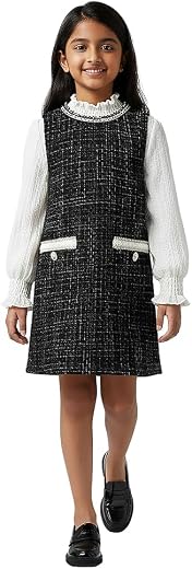 Hopscotch Girls High neck Textured Blouse and Casual Dress in Black Color