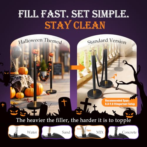 Image of 4 Pack Halloween Pumpkin Head Black&Gold Stanchions and Velvet Ropes Set, Stainless Steel Crowd Control Barriers,3Pcs Black Ropes and Poles for Party,Photobooth Accessories, Prom,Halloween Decorations