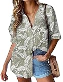 HOTOUCH Summer Tops for Women Oversized Linen Shirts Cotton Gauze Palm Leaf Basic Button Down Blouse with Pocket XL