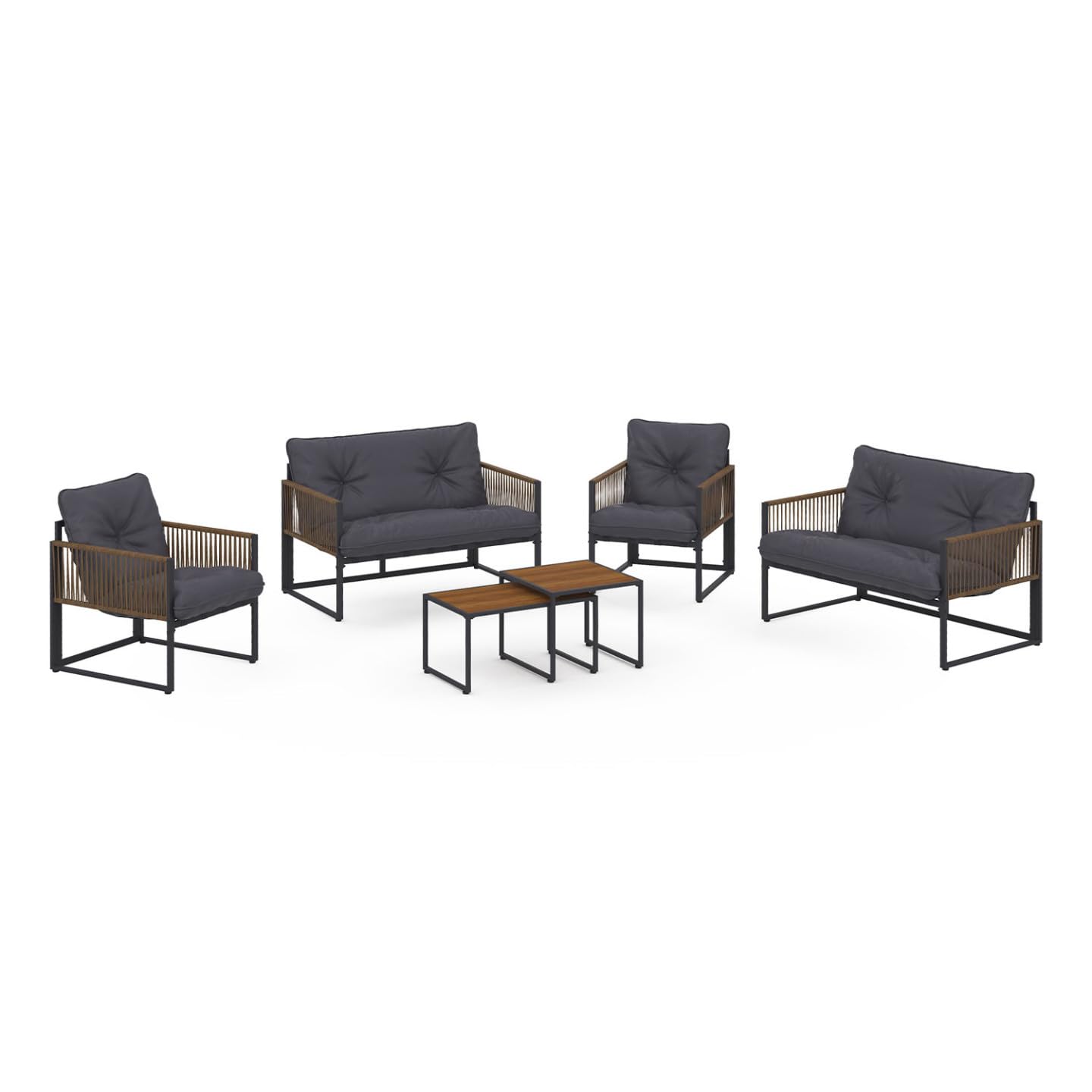 IDMarket - Salon de Jardin Bas Rio 6 Places Structure métal Gris Anthracite, Cordage Effet rotin avec Coussins Gris