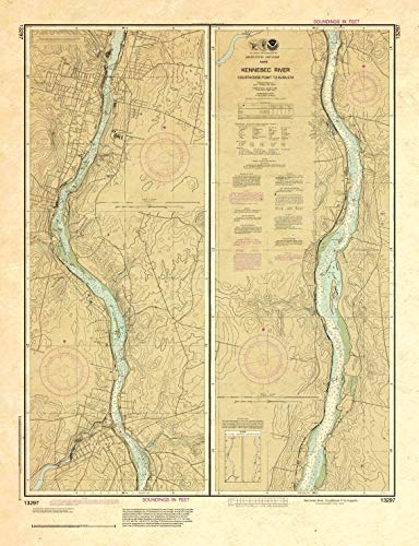 Paradise Cay Publications, Inc. Antiqued NOAA Chart 13297: Kennebec River Courthouse Point to Augusta