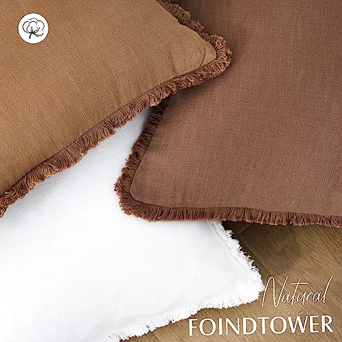 Image of Foindtower Set of 2 Decorative Linen Fringe Throw Pillow Covers Cozy Boho Farmhouse Cushion Cover with Tassels Soft Accent Pillowcase for Couch Sofa Bed Living Room Home Decor, 22x22 Inch, Rust