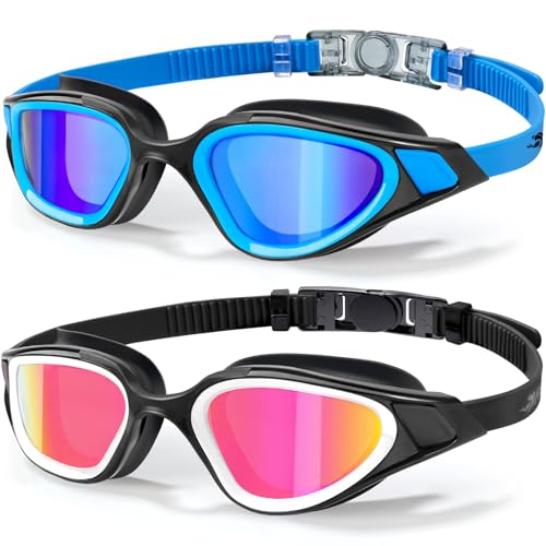 Freela 2 Pack Adult Men Women Swim Swimming Goggles Polarized 180° Clear Wide View Anti Fog UV Protection No Leak, Youth Swim Goggles Blue & Mirrored Pink Goggles with Nose Piece Underwater Pool Beach