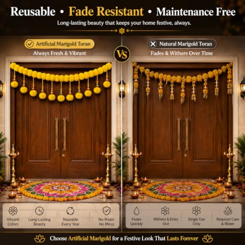Image of SMIZZY Artificial Marigold Flower Toran for Main Door Entrance, Traditional Bandarwal Door Hanging with Decorative Beads & Tassels for Diwali Pooja Wedding Housewarming & Festival Decoration 44 Inches