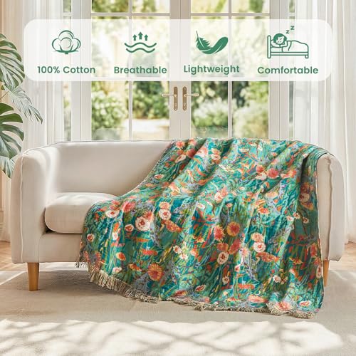 Image of MSGKV Boho Throw Blanket 60 inchx80 inch 100% Cotton Floral Blanket for Couch Sofa