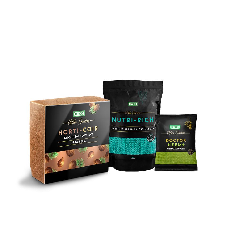 IFFCO Urban Gardens - Potting Mix Combo - Horti Coir 5Kg + Nutri Rich 5Kg + Neem Cake Powder 1.8Kg - Make Your Own Potting Soil at Home (B0CT5JQYP9) Amazon Price History, Amazon Price Tracker