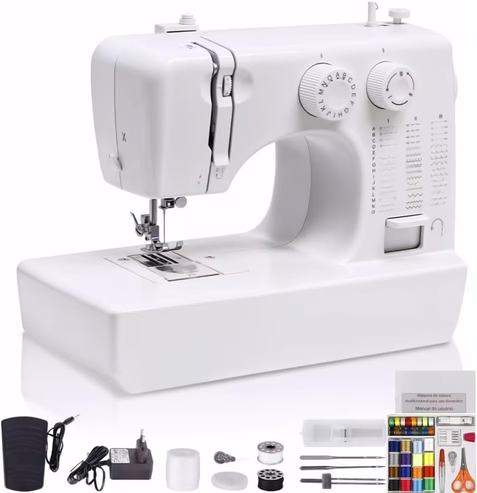TRUERZA Máquina de Costura Portátil, 45 Pontos, Agulha Dupla, 350 Pontos/Min, Mesa Extensora, Bivolt 110V-220V, Branco