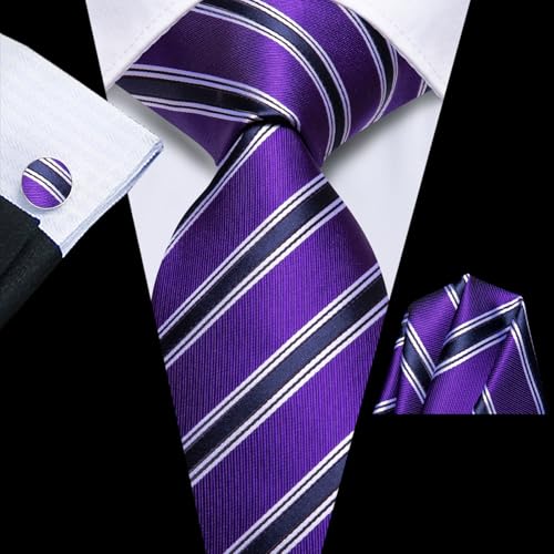 Image of Hi-Tie Navy Purple Ties for Men Silk Business Necktie Striped Mens Tie and Flower Lapel Pin Pocket Square Cufflinks Set