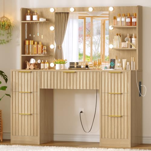 Image of FIONESO Fluted Vanity Desk with Mirror and Adjustable LED Lights & Power Outlet, Makeup Vanity Desk with 7 Drawers,4 Shelves and 5 Hooks, Vanity for Girls, Natural Oak