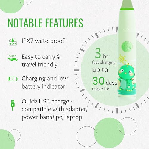 Image of Obvie Sonic Electric Kids Toothbrush with 4 Brushing Modes, 19000 Strokes per minute, IPX7 Waterproof, Soft Nylon Bristles, Rechargeable Battery, Electric Power Tooth Brush, 3 Heads (Green)