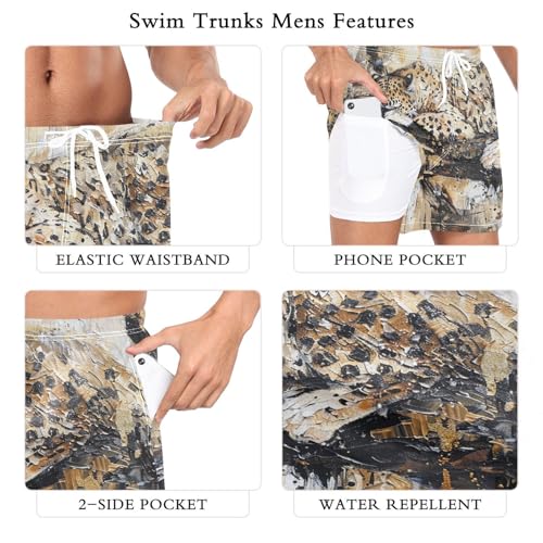 Mens Swim Trunks with Liner, Cheetah Branch Abstract Cool Quick Dry Beach Swim Shorts, Swimwear Bathing Suits S3