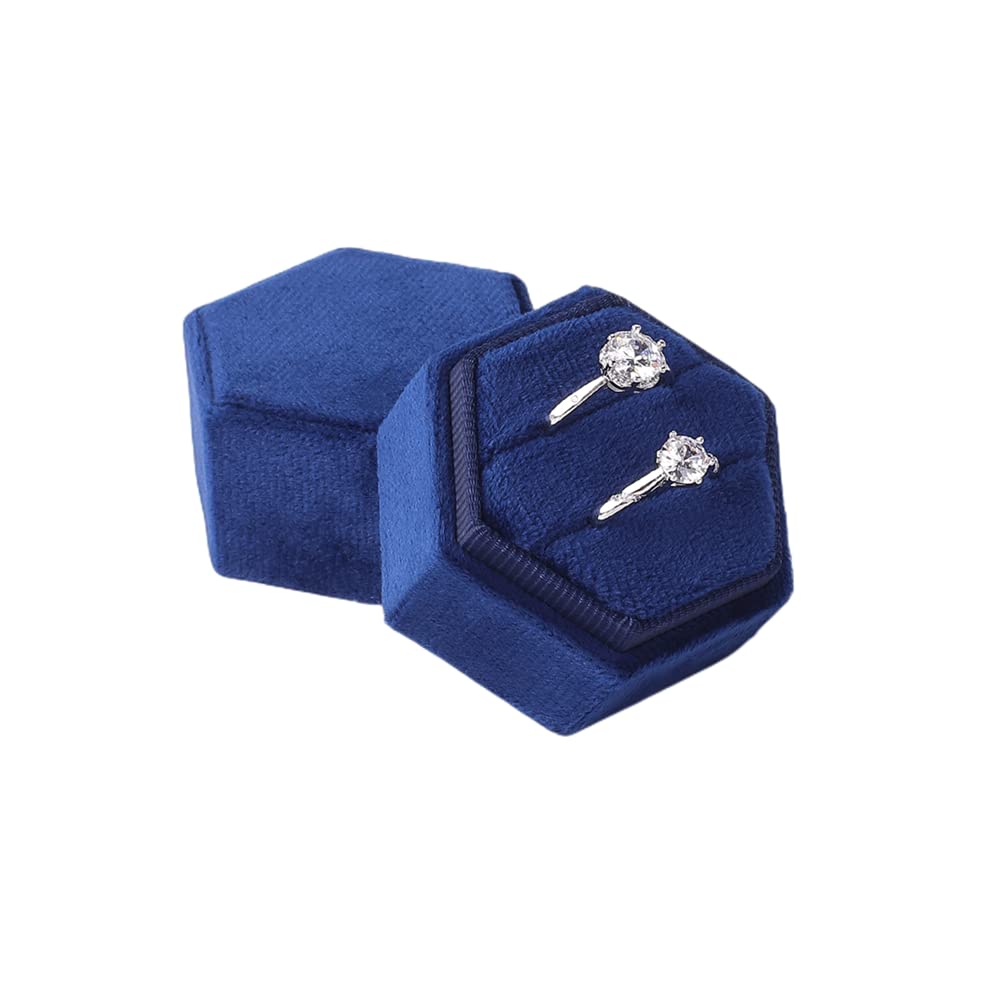 Velvet Jewellery Box Double Slotted Ring Box Hexagonal Jewellery Box for Proposal Engagement Wedding Valentine's Day Gift (Navy blue)