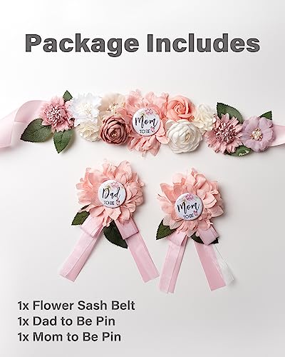 BumpPetal Flower Sash Set - Baby Shower Mom to Be Daddy to Be Corsage Pin - Flower Belt for Maternity Dress - Pregnancy Photo Props Supplies (Barbie Pink)3