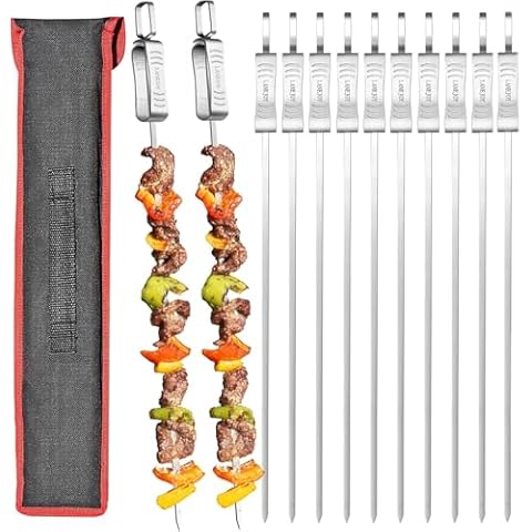 LANEJOY 17" Kabob Skewers for Grilling (12PCS) - Metal Skewers for Kabobs with Slider - BBQ Flat Skewers Stainless Steel for Meat Shrimp Chicken Veggie Cover