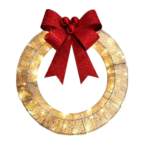 Corona Navideña, Lazo de 30 cm Corona Navidad Decoración con Luces LED Corona de Adviento con Marco de Metal y Lentejuelas Decoraciones de Navidad para Colgar en Porche Ventana Pared Chimenea