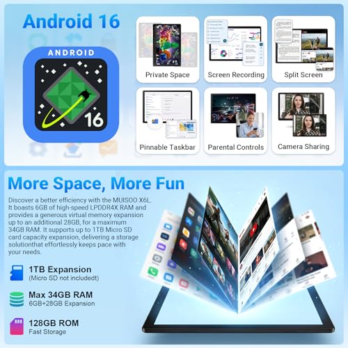 Image of 2 in 1 Android 16 Tablet with Keyboard Mouse Stylus Case, 34GB RAM 128GB 1TB Expand, Octa-Core Processor, 6000Ah Battery, HD Screen Widevine L1, Dual Cameras Face Unlock, WiFi 6 BT 5.4 Tablets Bundle