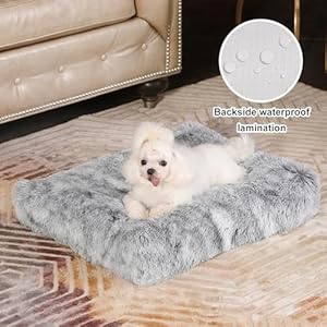   Waterproof-Dog-Crate-BedPlush-Dog-Crate-Pad-with-Removable-CoverFaux-Fur-Dog-Bed-for-Small-dogs-and-CatsFluffy-Washable-Dog-Kennel-Bed-23x18Dark-Grey