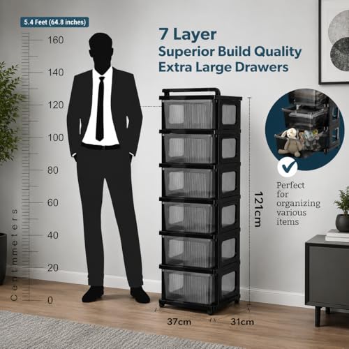 Image of URBAN LUXY Plastic Storage Drawer Organizer with Wheels | Multi-Purpose Chest of Drawers for Home, Office & Bedroom | Clothes, Toys & Stationery Organizer (Transparent Black, 7 Layer)