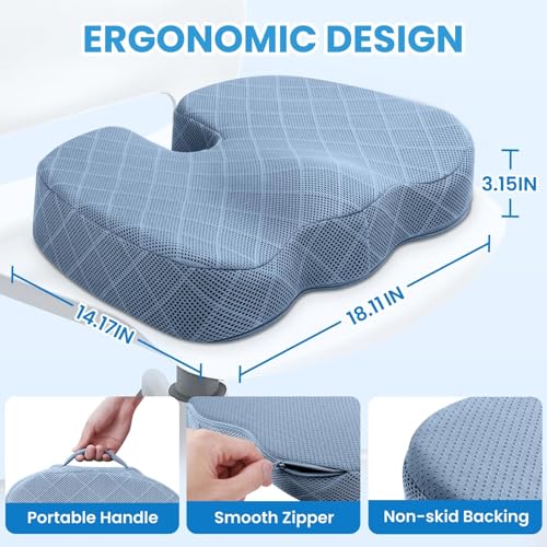 Image of TushGuard Office /Car Seat Cushion, Non-Slip Sciatica & Back Coccyx Tailbone Pain Relief Chair Pad, Memory Foam Butt Pillow for Computer Desk, Wheelchair, Driving (Light Blue)