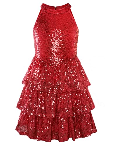 GRACE KARIN Kids Mädchen Neckholder Pailletten Kleid Cut-Out Schulter Dreischichtiger Rot 12 Jahre