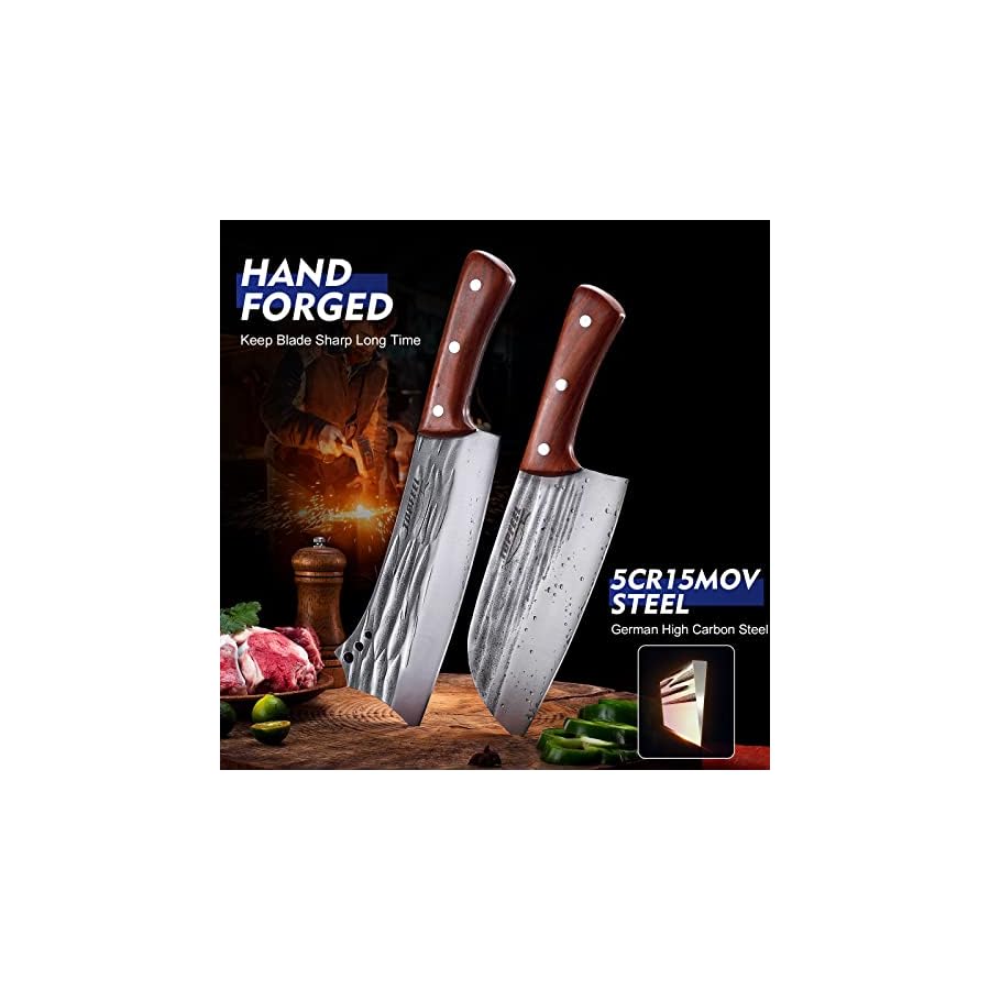 Topfeel-2-pcs-Meat-Cleaver-Heavy-Duty-Bone-Chopper-Knife-Set-Hand-Forged-German-High-Carbon-Stainless-Steel-Butcher-Knife-for-Home-Kitchen-Outdoor Topfeel 2PCS Meat Cleaver & Heavy Duty Bone Chopper Knife Set, Hand Forged German High Carbon Stainless Steel Butcher Knife for Home Kitchen & Outdoor
