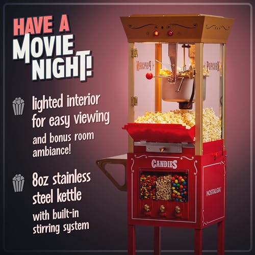 Nostalgia Vintage 8 Ounce Professional Popcorn Cart Makes Up to 32 Cups, Three Storage Candy & Kernel Dispenser Also for Nuts, Chocolate, Measuring Spoons and Scoop Included, Red