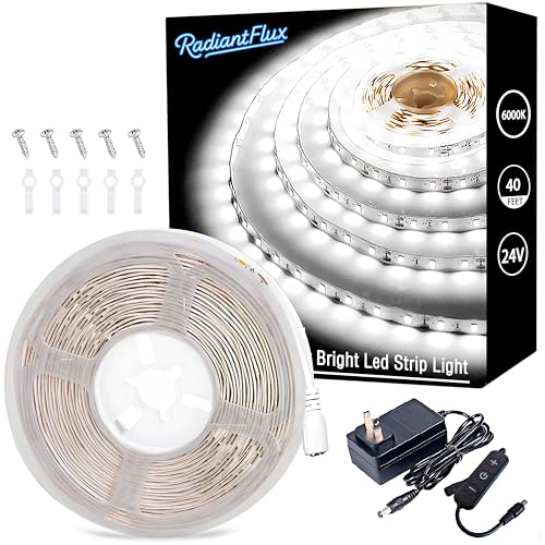 Image of RadiantFlux 40ft 600Leds Super Bright White LED Strip Lights | 12V to 24V Upgraded, Cuttable LED Tape Lights, Flexible Dimmable, For Bedroom Living Room Kitchen Vanity Mirror