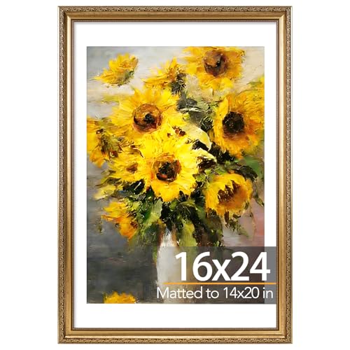 JCJMY 16x24 Vintage Picture Frame for Poster Photo Picture and 40x60 cm Canvas with 14x20 Mat Elegant Retro 16 by 24 Photo Frame with Shatter-Resistant Plexiglass for Wall Gold 1 Pack