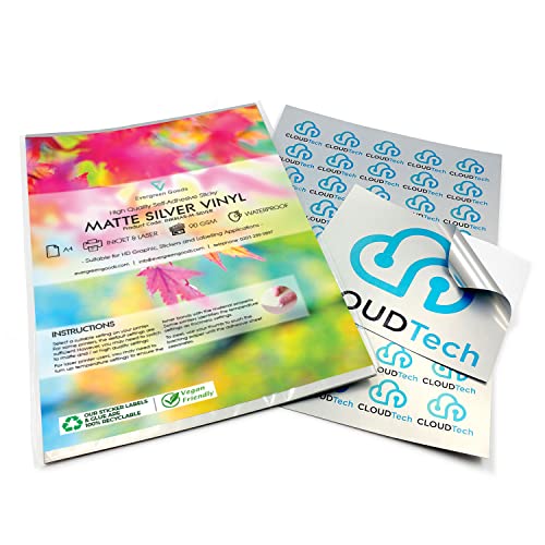 10 hojas A4 de vinilo plateado mate para inyección de tinta e impresión láser, resistente al agua, respaldo adhesivo, acabado metálico de calidad