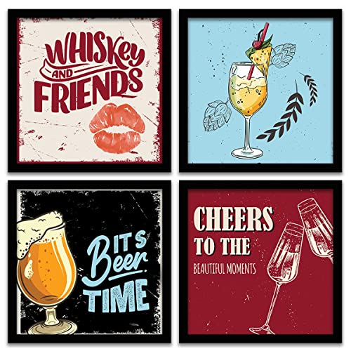 Image of kotart - Framed Wall Posters for Bar Kitchen Restaurant Wall Decor - Bar Theme Frames - Framed Posters for Kitchen Wall Decor (13 x 13 inch, Framed) Set of 4 (Art 12, Big)
