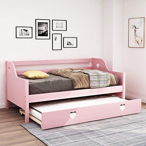 Daybed with A Trundle, Solid Wood Trundle Daybed Twin Size, Loving Shape Bed