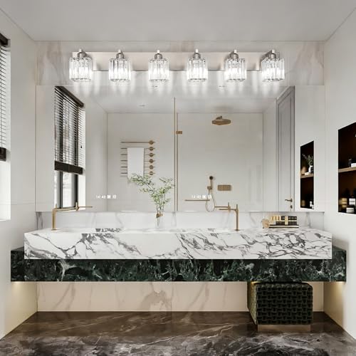 Image of Aipsun Brushed Nickel Bathroom Light Fixtures 6 Light Vanity Lighting Fixture Crystal Modern Bathroom Vanity Light (Exclude Bulb)