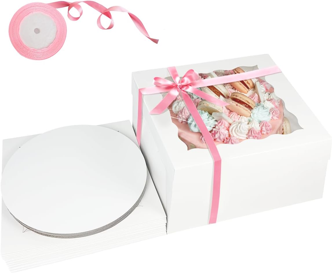 White 10x10x8 Cake Box, 18 Sets Cake Box with Window ＆ 18 Sets Cake