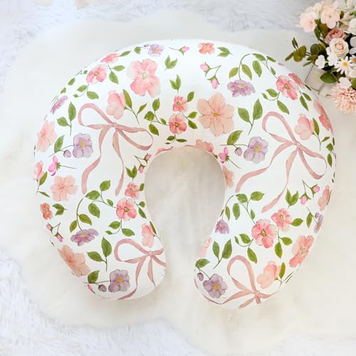 Image of TANOFAR Nursing Pillow Cover, Stretchy Removable Breastfeeding Pillow Cover, Ultra Soft Snug Fits On Newborn Feeding Pillow Case for Baby Girls, Pink Bow