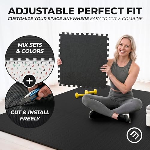 Image of bemaxx Gym Mats Set - 12 pcs EVA Interlocking Foam Floor Tiles (24.4 inchx24.4 inchx0.4 inch) 48 sqft Protective Gym Flooring Sports Home Workout Exercise Mats Puzzle Garage Fitness Play-Room Pool Treadmill Bike
