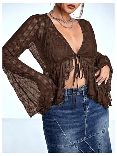 WDIRARA Women's Plus Size Sheer Mesh Tie Front Shirt Sexy Deep V Neck Long Bell Sleeve Tee Tops3