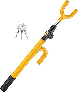 A bright yellow, high-visibility steering wheel lock.