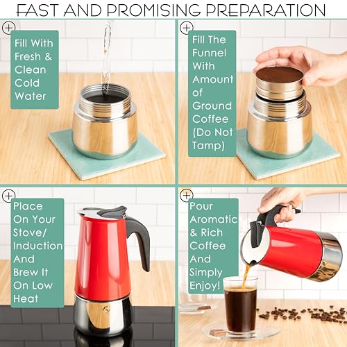 Image of Mixpresso 9 Cup Greca Moka Pot Red Stainless Steel Stovetop Espresso Maker | 450ml /15oz Italian stovetop coffee maker with classic percolator design, ideal for preparing coffee at home or while camping