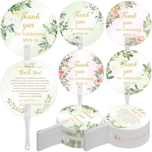 100 Pcs Wedding Hand Fans for Guests Bulk Eucalyptus Wedding Plastic Handheld Fan with Handle Thank You for Celebrating with Us for Ceremony Bridal Shower Gift Summer Party Favors (Green Leaf)