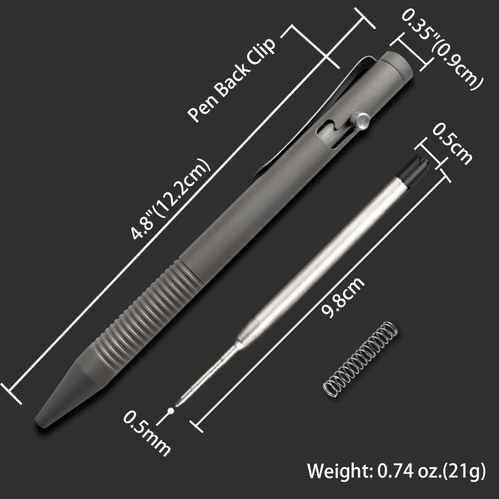 Cool Hand 4.8'' Titanium Alloy Bolt Action Pen, Ballpoint Ink Refillable, Stainless Steel Pocket Clip EDC Business Collection Stylus, with 3 Refills, Gray