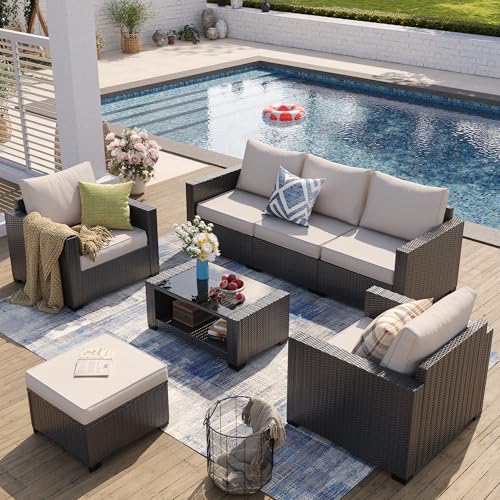 Livitopia 7 Pieces Outdoor Patio Furniture Set, PE Wicker Patio Conversation Set with Back Cushions and Tea Table, All-Weather Outside Rattan Sectional Sofa for Backyard, Porch, Garden, Balcony, Beige