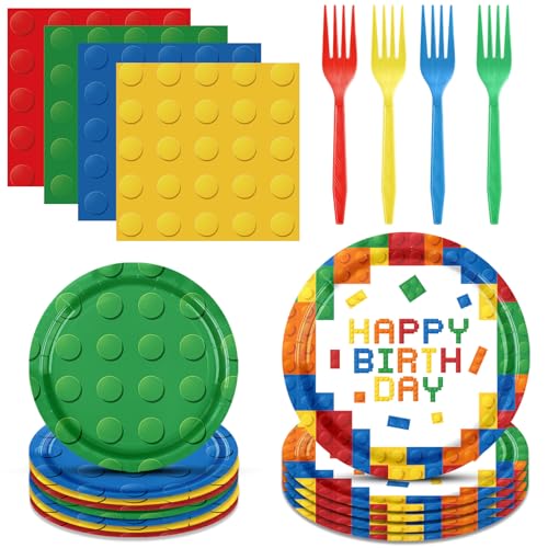 96PCS Building Blocks Birthday Party Supplies Building Blocks Themed Party Decorations Colorful Paper Plates Napkins Forks Set for Boys Kids Birthday Party Decor